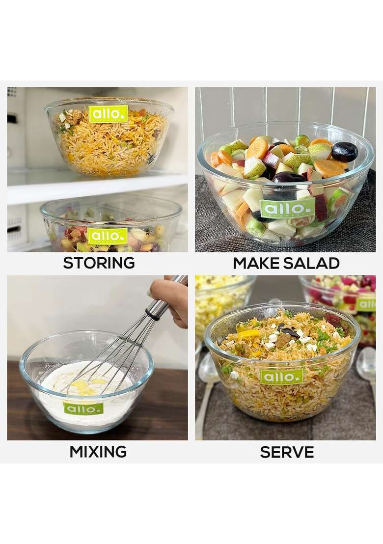 Allo Food Safe Borosilicate Glass Mixing and Serving Bowls for Kitchen | 500 ml | 16.9 fl oz | Dishwasher Safe | Microwave Safe - Indya