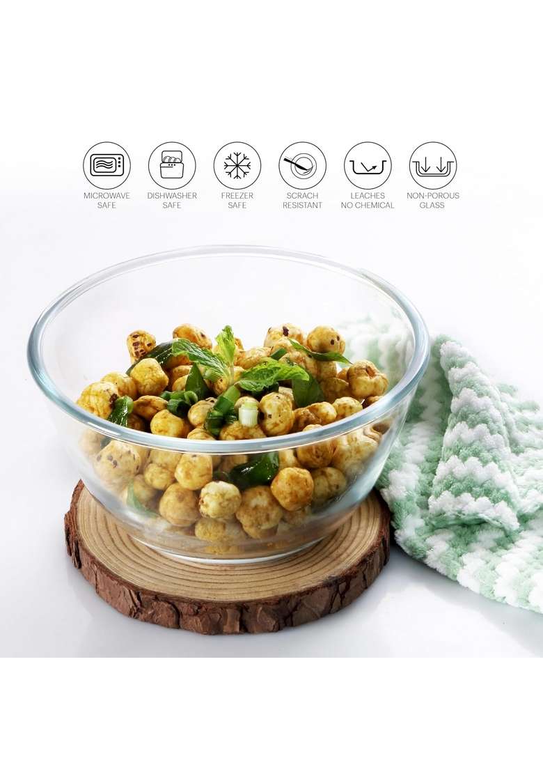 CELLO Ornella Round Glass Mixing Bowl for Kitchen Transparent | 1000 ml | 33.8 fl oz | Dishwasher Safe | Lead Free | Microwave Safe - Indya