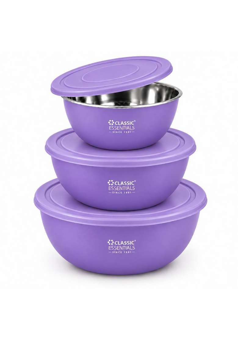 CLASSIC ESSENTIALS Stainless Steel Microwave Safe Mixing Bowls Set with Lids | 500 ml | 16.9 fl oz | 3-Piece Set | With Lid - Indya