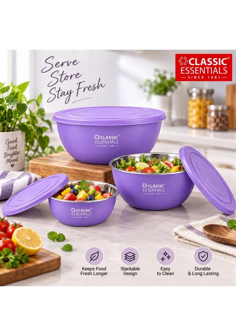 CLASSIC ESSENTIALS Stainless Steel Microwave Safe Mixing Bowls Set with Lids | 500 ml | 16.9 fl oz | 3-Piece Set | With Lid - Indya