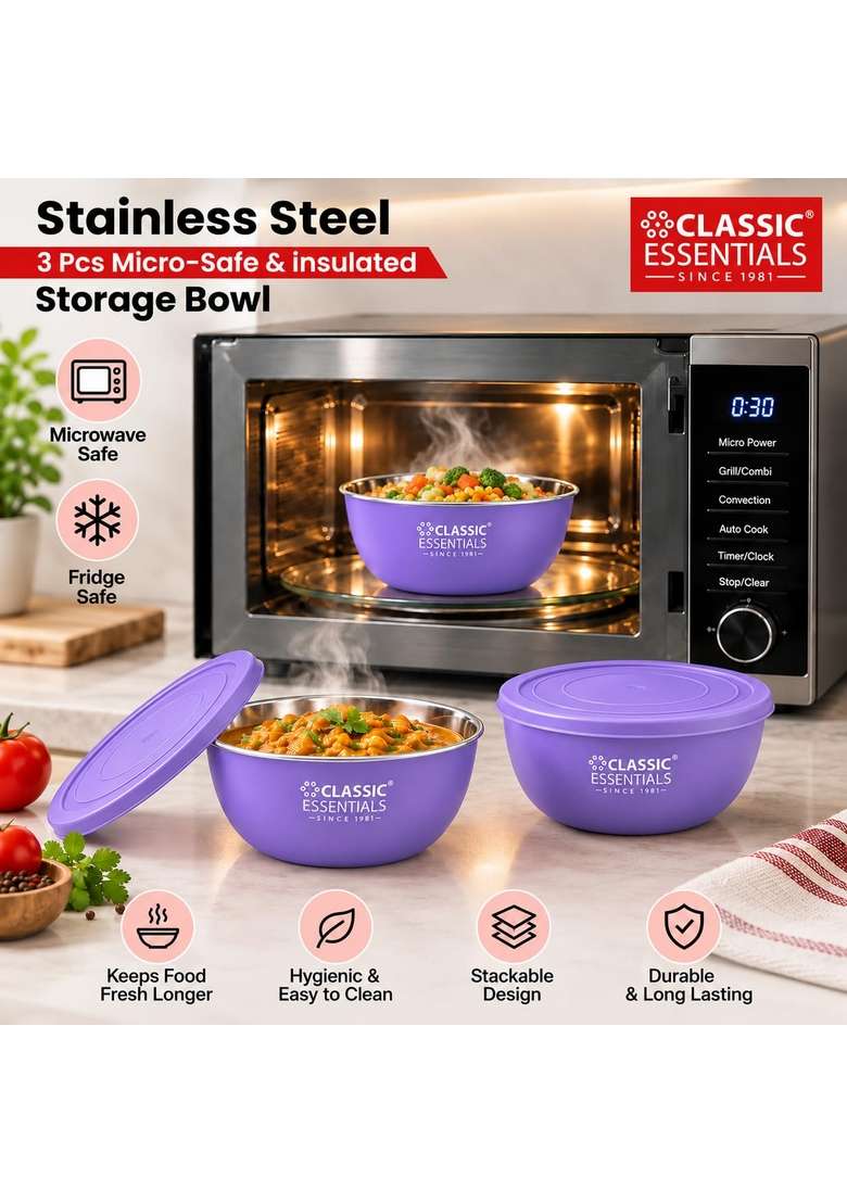 CLASSIC ESSENTIALS Stainless Steel Microwave Safe Mixing Bowls Set with Lids | 500 ml | 16.9 fl oz | 3-Piece Set | With Lid - Indya