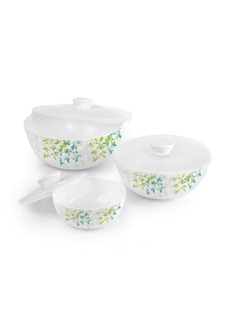 CELLO Opalware Green Orchard Mixing Bowl Set with Lids | 500 ml | 16.9 fl oz | 3-Piece Set | Dishwasher Safe | Microwave Safe | With Lid - Indya