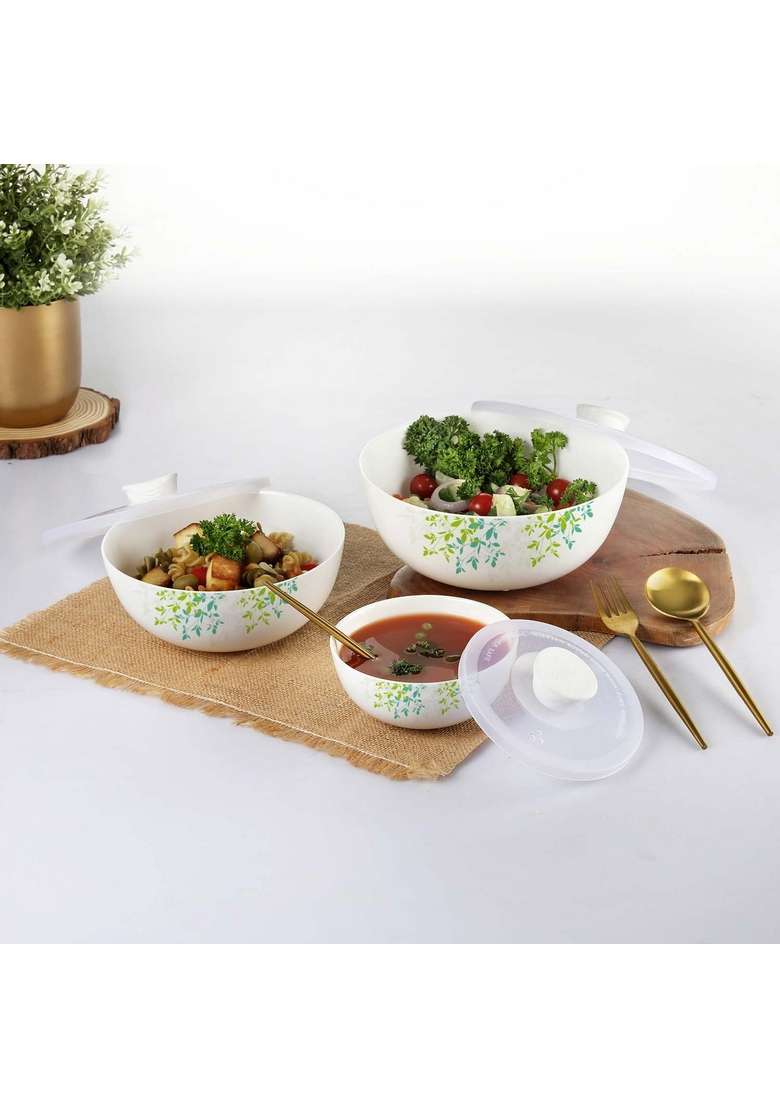 CELLO Opalware Green Orchard Mixing Bowl Set with Lids | 500 ml | 16.9 fl oz | 3-Piece Set | Dishwasher Safe | Microwave Safe | With Lid - Indya
