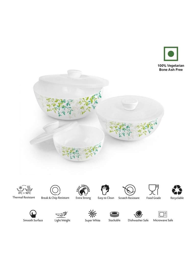 CELLO Opalware Green Orchard Mixing Bowl Set with Lids | 500 ml | 16.9 fl oz | 3-Piece Set | Dishwasher Safe | Microwave Safe | With Lid - Indya