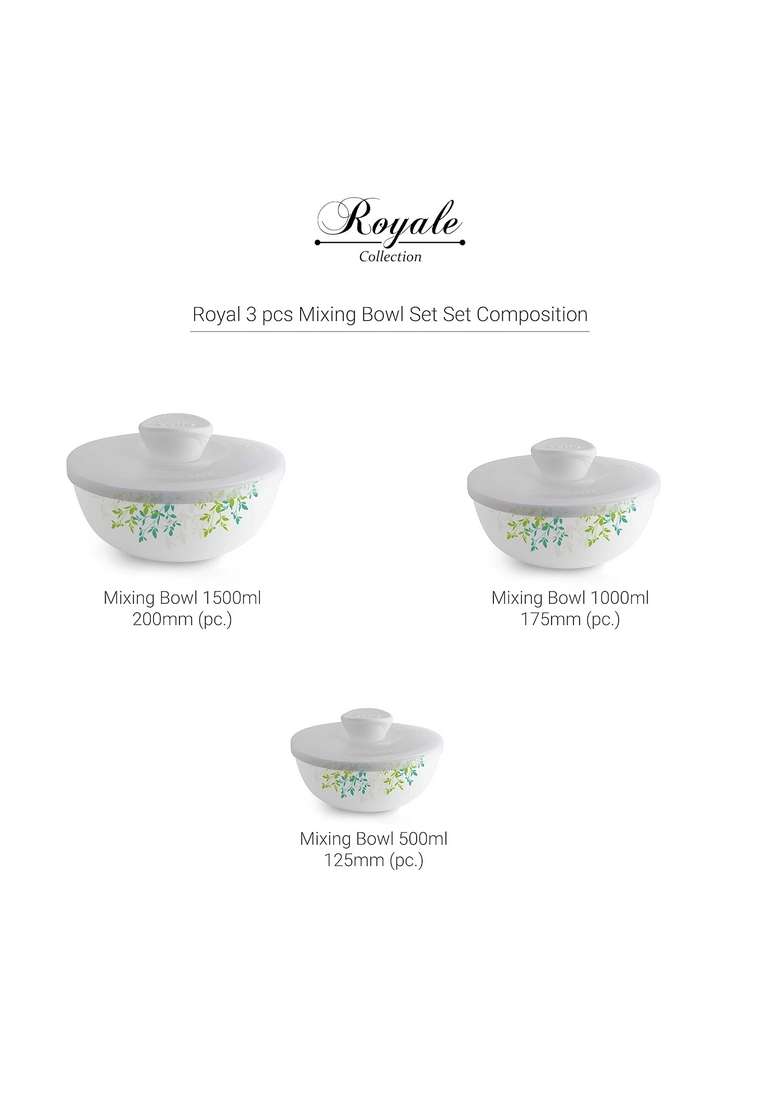 CELLO Opalware Green Orchard Mixing Bowl Set with Lids | 500 ml | 16.9 fl oz | 3-Piece Set | Dishwasher Safe | Microwave Safe | With Lid - Indya