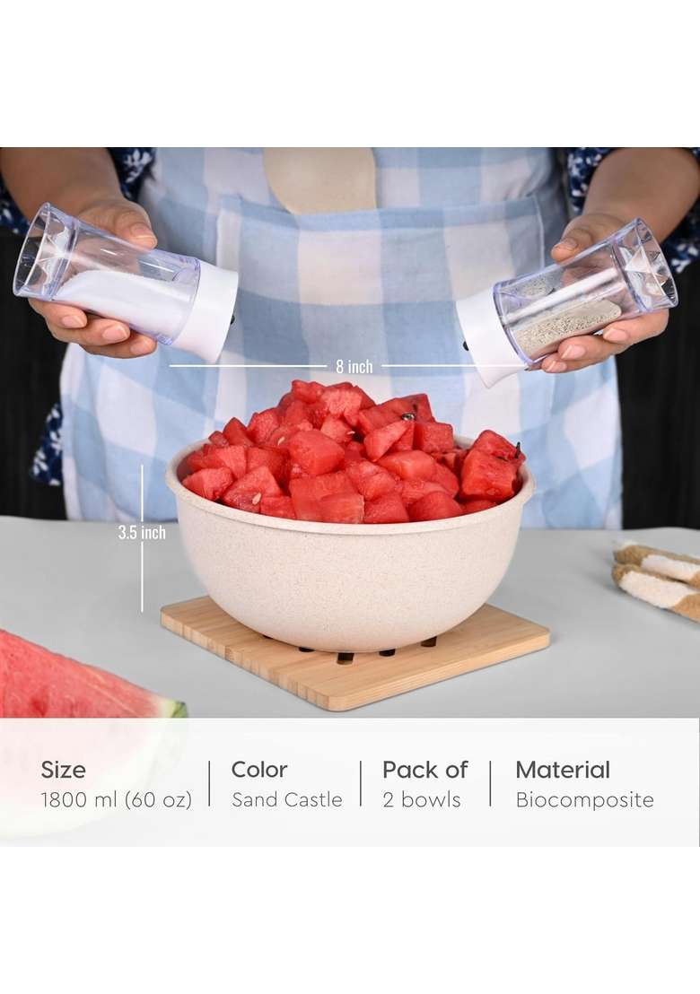 Eha Earth-Friendly Frosty Mixing Bowl for Kitchen | 1800 ml | 60.9 fl oz | 2-Piece Set | Microwave Safe - Indya