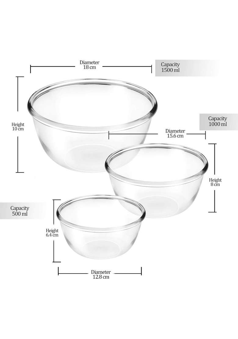 Treo By Milton Glass Mixing Bowls Without Lid | 500 ml | 16.9 fl oz | 3-Piece Set | Dishwasher Safe | Microwave Safe | Food Safe - Indya