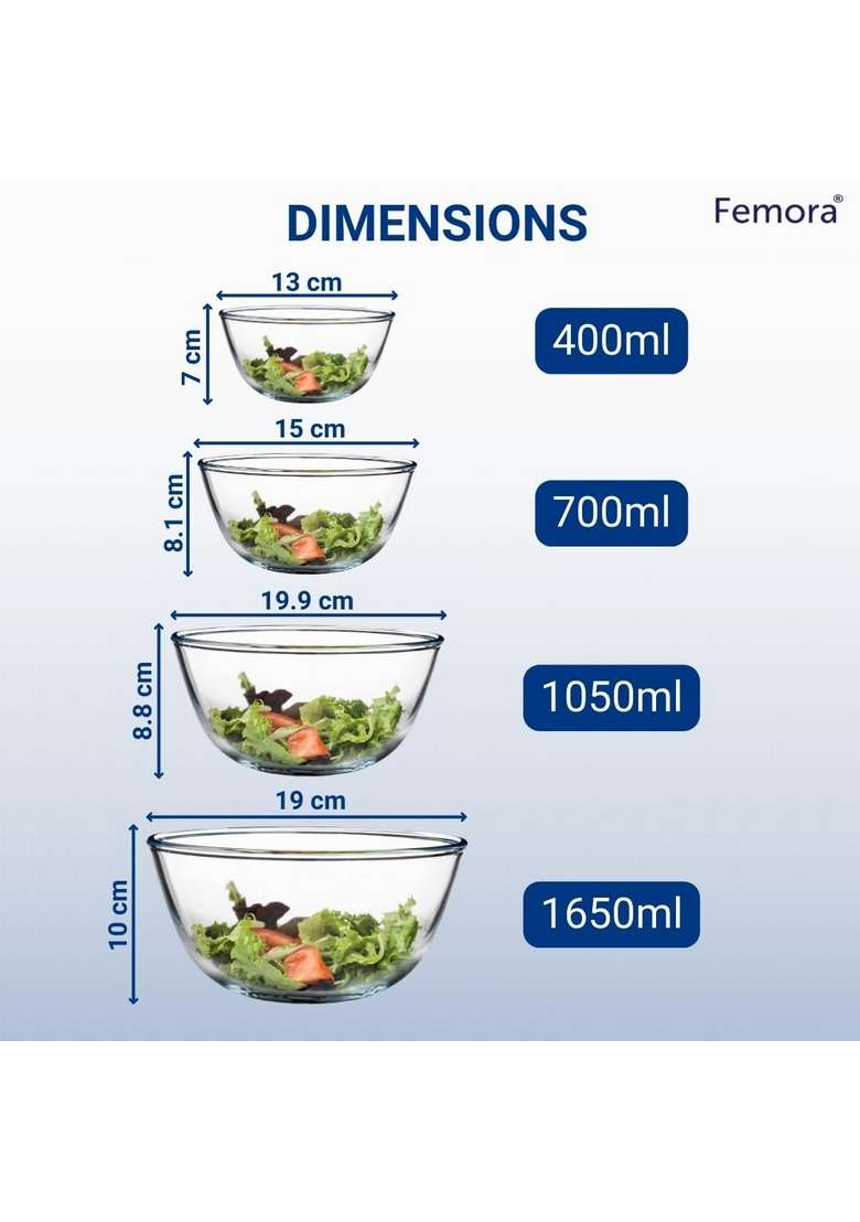 Femora Borosilicate Glass Mixing Bowl | 400 ml | 13.5 fl oz | 4-Piece Set | Microwave Safe - Indya
