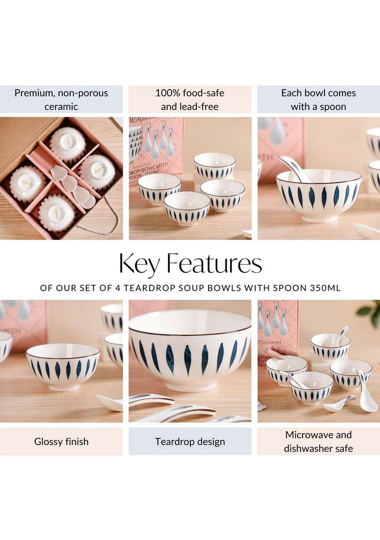 Nestasia Soup Bowl with Spoon | 350 ml | 11.8 fl oz | 4-Piece Set | Dishwasher Safe | Microwave Safe - Indya