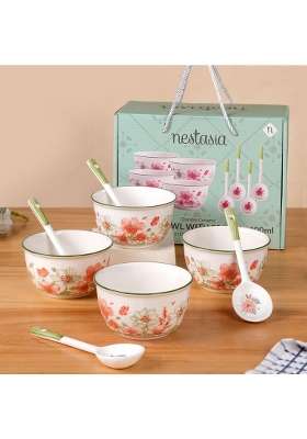 Nestasia Ceramic Soup Bowl with Spoon | 400 ml | 13.5 fl oz | 4-Piece Set | Dishwasher Safe | Microwave Safe