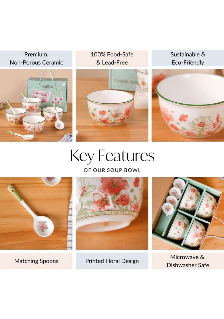 Nestasia Ceramic Soup Bowl with Spoon | 400 ml | 13.5 fl oz | 4-Piece Set | Dishwasher Safe | Microwave Safe - Indya