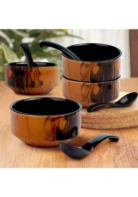 The Earth Store Handcrafted Brown and Black Ceramic Soup Bowl with Melamine Spoon | 320 ml | 10.8 fl oz | 4-Piece Set