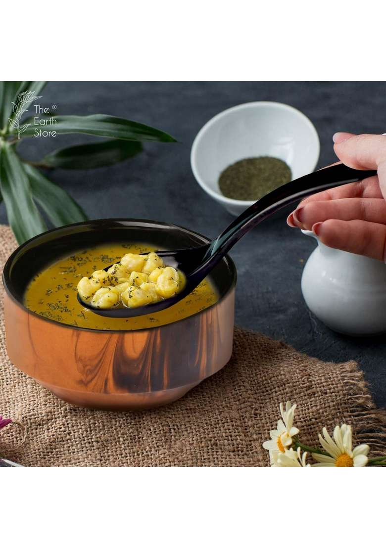 The Earth Store Handcrafted Brown and Black Ceramic Soup Bowl with Melamine Spoon | 320 ml | 10.8 fl oz | 4-Piece Set - Indya