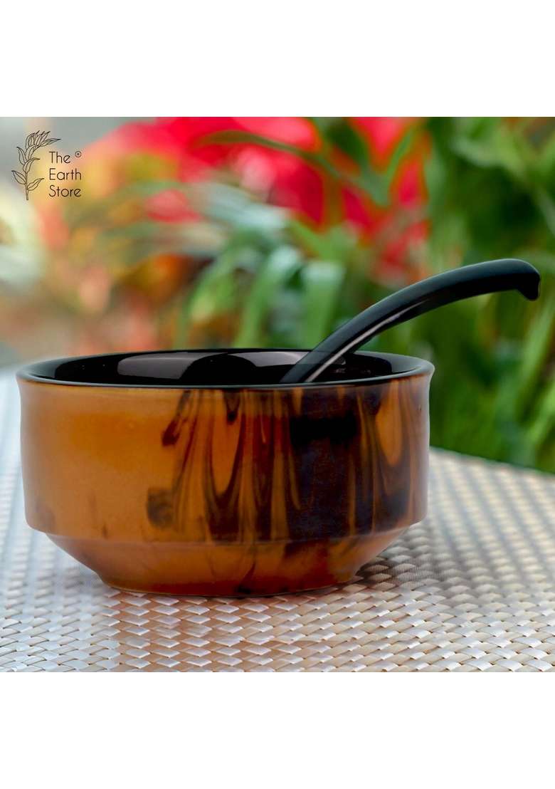 The Earth Store Handcrafted Brown and Black Ceramic Soup Bowl with Melamine Spoon | 320 ml | 10.8 fl oz | 4-Piece Set - Indya