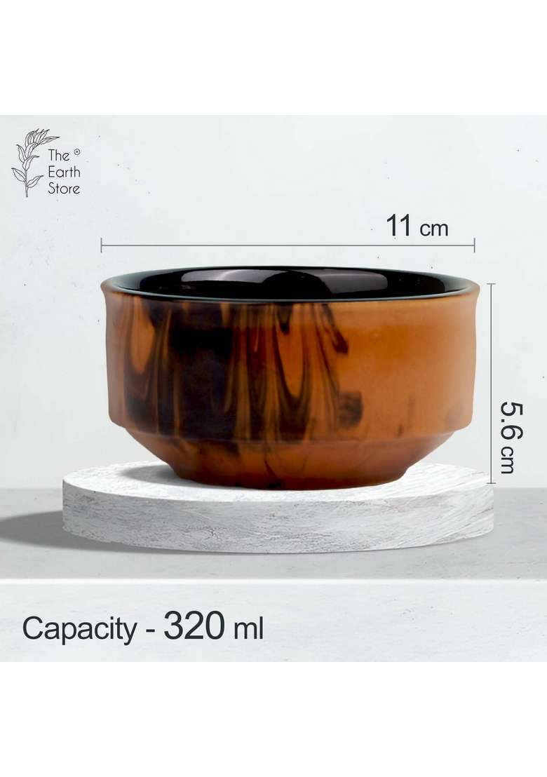 The Earth Store Handcrafted Brown and Black Ceramic Soup Bowl with Melamine Spoon | 320 ml | 10.8 fl oz | 4-Piece Set - Indya