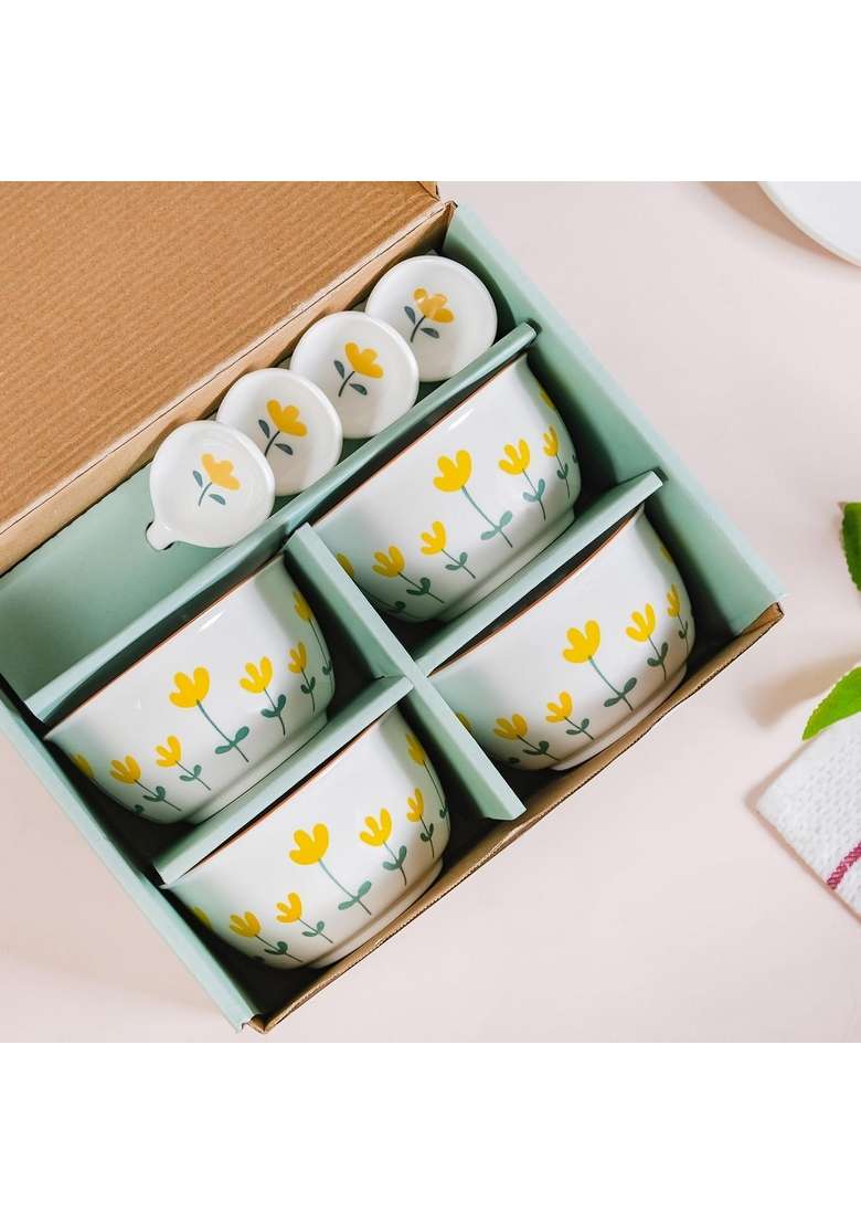 Nestasia Ceramic Soup Bowl with Spoon | 400 ml | 13.5 fl oz | 4-Piece Set | Dishwasher Safe | Microwave Safe - Indya