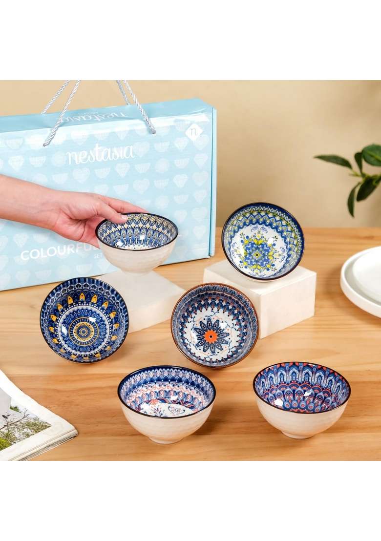 Nestasia Ceramic Mandala Snack Bowls | 300 ml | 10.1 fl oz | 6-Piece Set | Microwave Safe - Indya