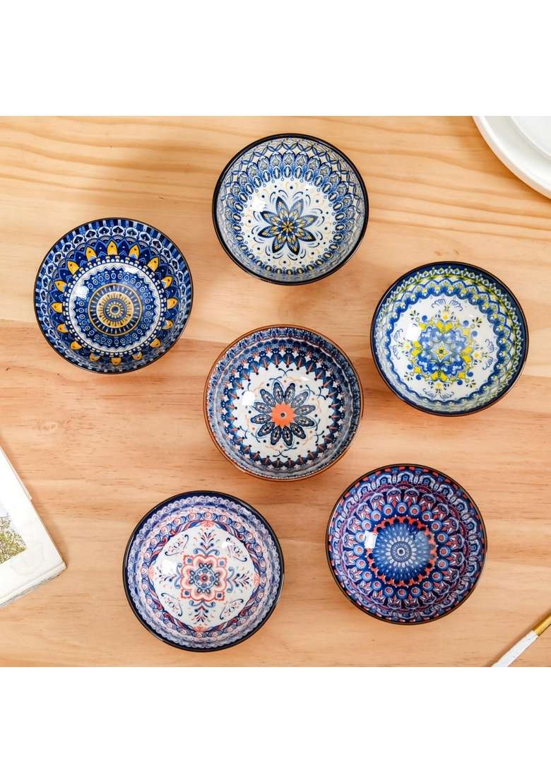 Nestasia Ceramic Mandala Snack Bowls | 300 ml | 10.1 fl oz | 6-Piece Set | Microwave Safe - Indya