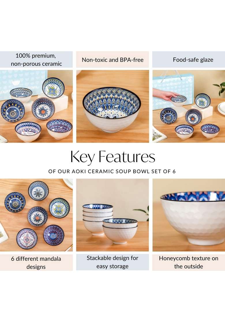 Nestasia Ceramic Mandala Snack Bowls | 300 ml | 10.1 fl oz | 6-Piece Set | Microwave Safe - Indya