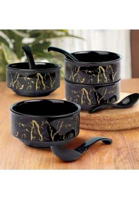The Earth Store Handcrafted Black Copper Ceramic Soup Bowl with Melamine Spoon | 320 ml | 10.8 fl oz | 4-Piece Set