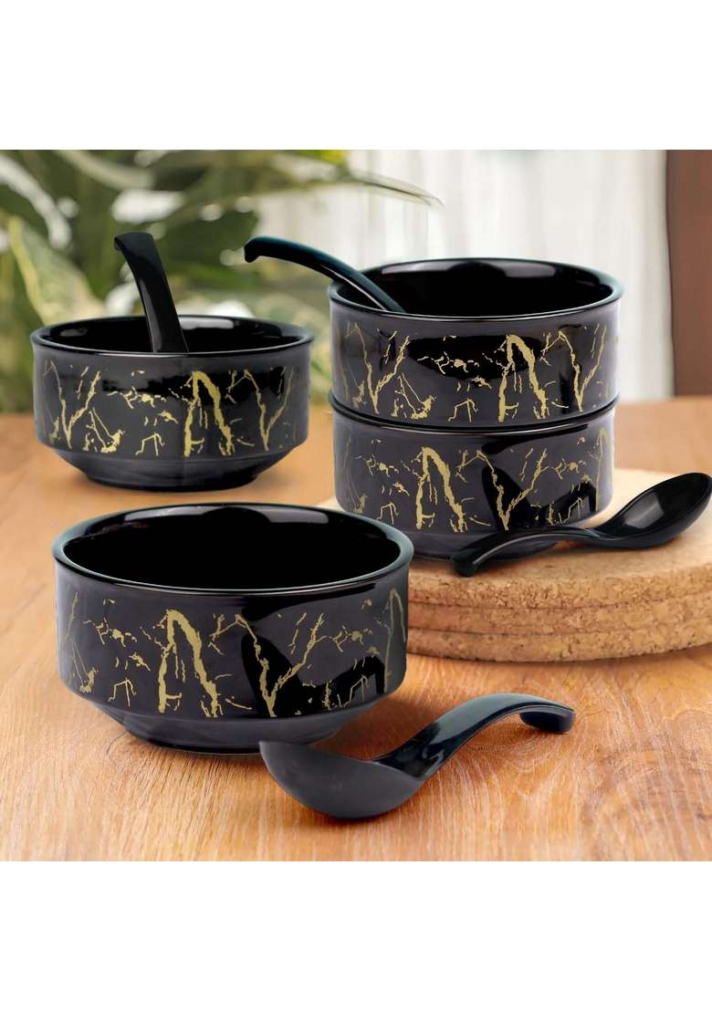 The Earth Store Handcrafted Black Copper Ceramic Soup Bowl with Melamine Spoon | 320 ml | 10.8 fl oz | 4-Piece Set - Indya