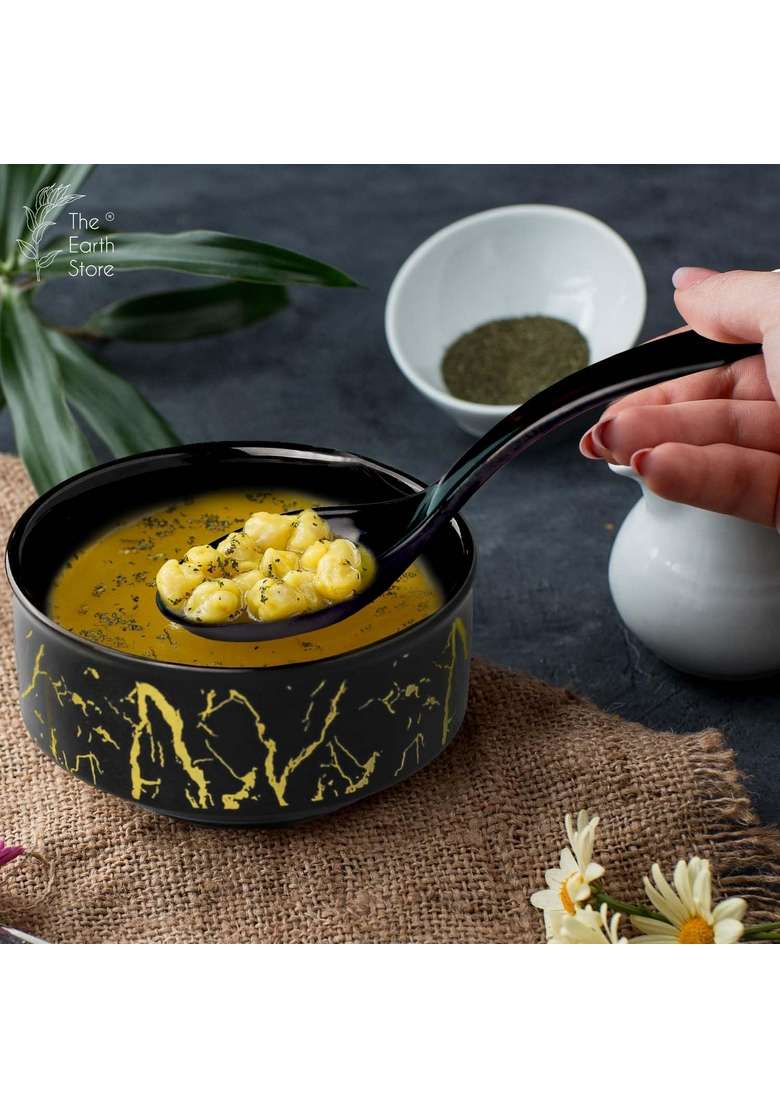 The Earth Store Handcrafted Black Copper Ceramic Soup Bowl with Melamine Spoon | 320 ml | 10.8 fl oz | 4-Piece Set - Indya