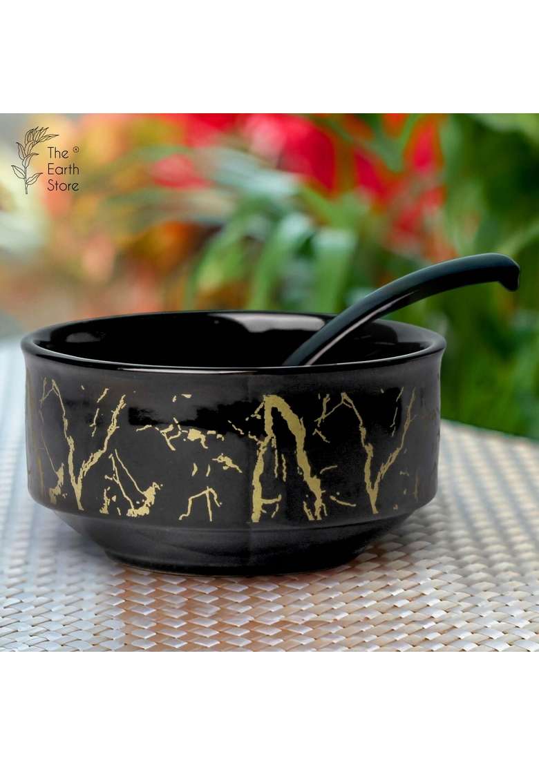 The Earth Store Handcrafted Black Copper Ceramic Soup Bowl with Melamine Spoon | 320 ml | 10.8 fl oz | 4-Piece Set - Indya