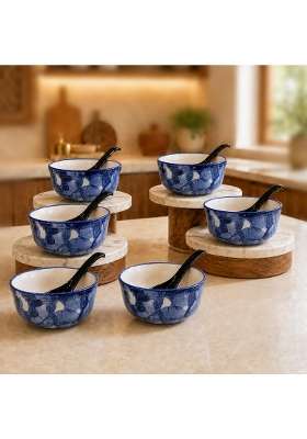 The Earth Store Blue Marble Ceramic Bowl with Spoon | 300 ml | 10.1 fl oz | 6-Piece Set | Dishwasher Safe | Microwave Safe
