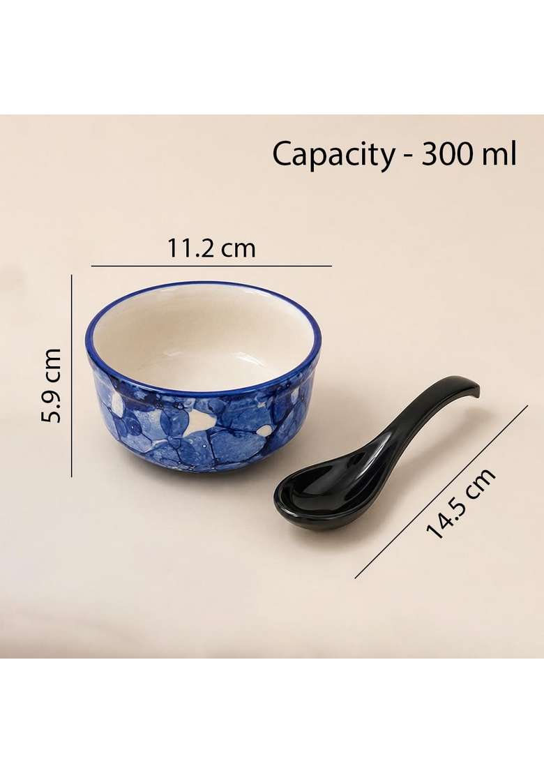 The Earth Store Blue Marble Ceramic Bowl with Spoon | 300 ml | 10.1 fl oz | 6-Piece Set | Dishwasher Safe | Microwave Safe - Indya