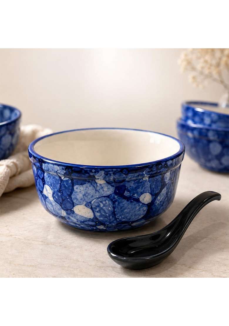 The Earth Store Blue Marble Ceramic Bowl with Spoon | 300 ml | 10.1 fl oz | 6-Piece Set | Dishwasher Safe | Microwave Safe - Indya