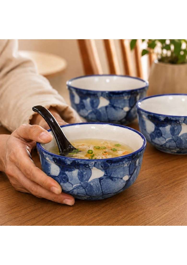 The Earth Store Blue Marble Ceramic Bowl with Spoon | 300 ml | 10.1 fl oz | 6-Piece Set | Dishwasher Safe | Microwave Safe - Indya
