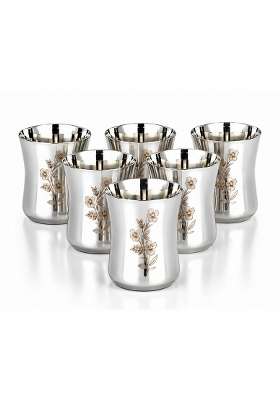 KC Stainless Steel Water Glasses Damru Design with Laser Flower Design | 350 ml | 11.8 fl oz | 6-Piece Set