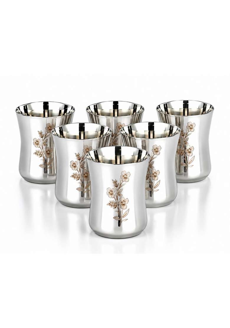 KC Stainless Steel Water Glasses Damru Design with Laser Flower Design | 350 ml | 11.8 fl oz | 6-Piece Set - Indya