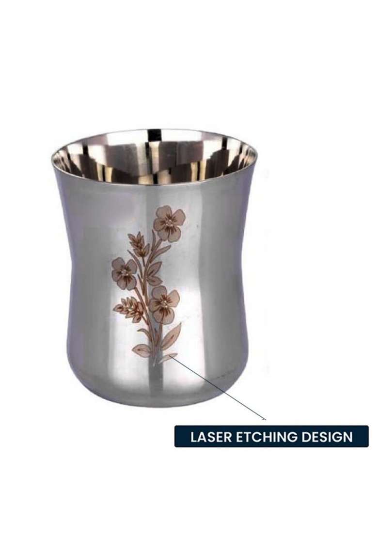 KC Stainless Steel Water Glasses Damru Design with Laser Flower Design | 350 ml | 11.8 fl oz | 6-Piece Set - Indya