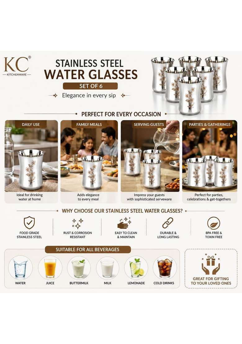 KC Stainless Steel Water Glasses Damru Design with Laser Flower Design | 350 ml | 11.8 fl oz | 6-Piece Set - Indya