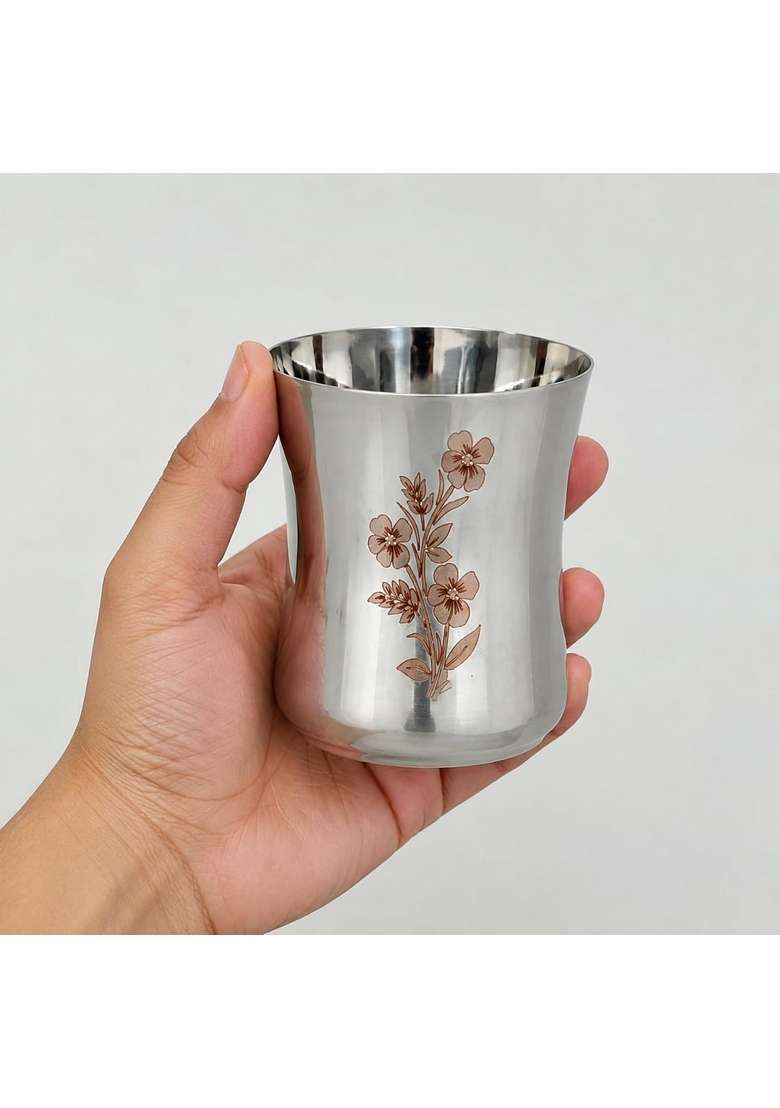 KC Stainless Steel Water Glasses Damru Design with Laser Flower Design | 350 ml | 11.8 fl oz | 6-Piece Set - Indya