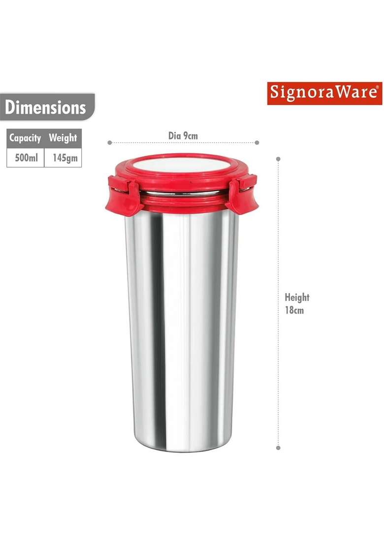 SIGNORA WARE Signoraware Lock N Store Stainless Steel Round Tumbler | 500 ml | 16.9 fl oz | Leak Proof - Indya