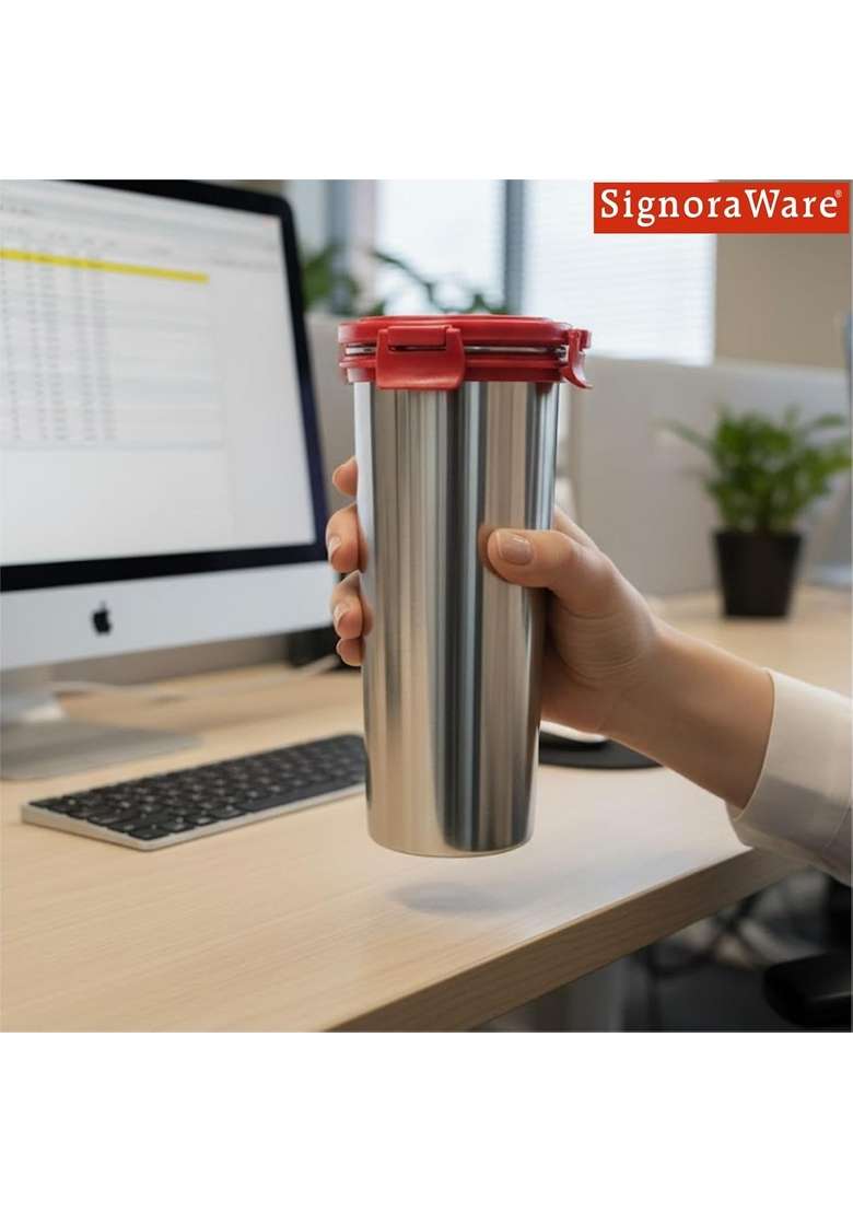 SIGNORA WARE Signoraware Lock N Store Stainless Steel Round Tumbler | 500 ml | 16.9 fl oz | Leak Proof - Indya