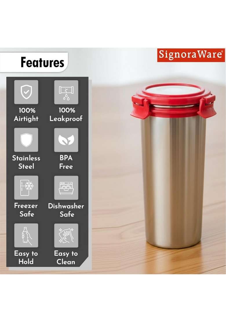 SIGNORA WARE Signoraware Lock N Store Stainless Steel Round Tumbler | 500 ml | 16.9 fl oz | Leak Proof - Indya