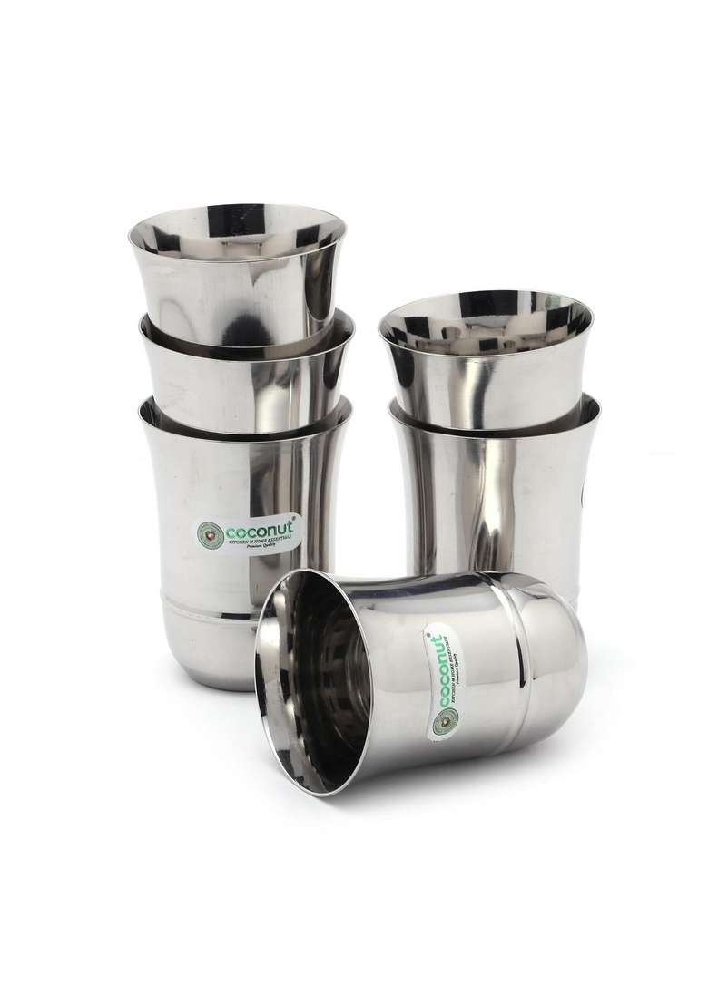 coconut Stainless Steel Mirror Finish Dining Glass Set | 300 ml | 10.1 fl oz | 6-Piece Set | Dishwasher Safe - Indya