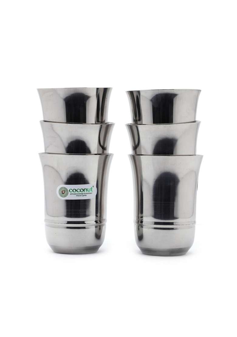 coconut Stainless Steel Mirror Finish Dining Glass Set | 300 ml | 10.1 fl oz | 6-Piece Set | Dishwasher Safe - Indya