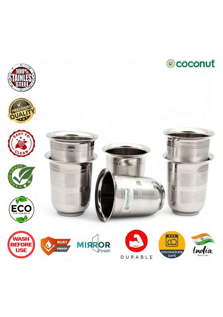 coconut Stainless Steel Multicolour Water Glass Tumbler Set | 250 ml | 8.5 fl oz | 6-Piece Set - Indya