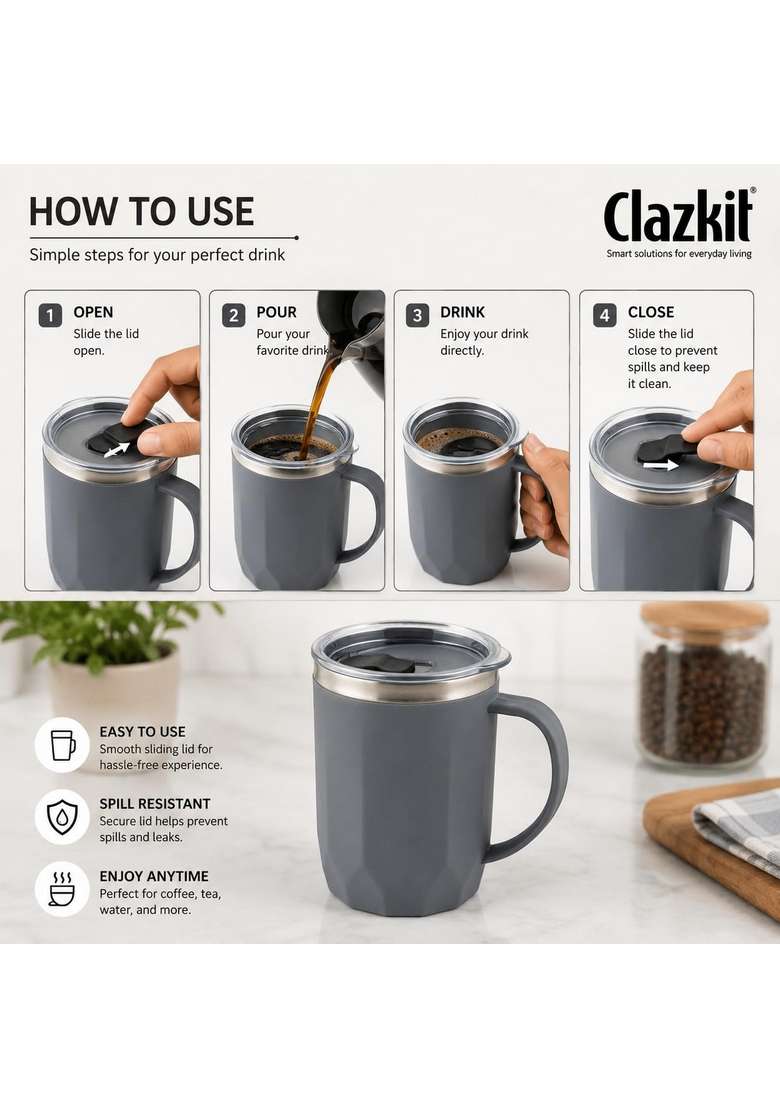 Clazkit Travel Leak Proof Coffee Mug | 400 ml | 13.5 fl oz - Indya