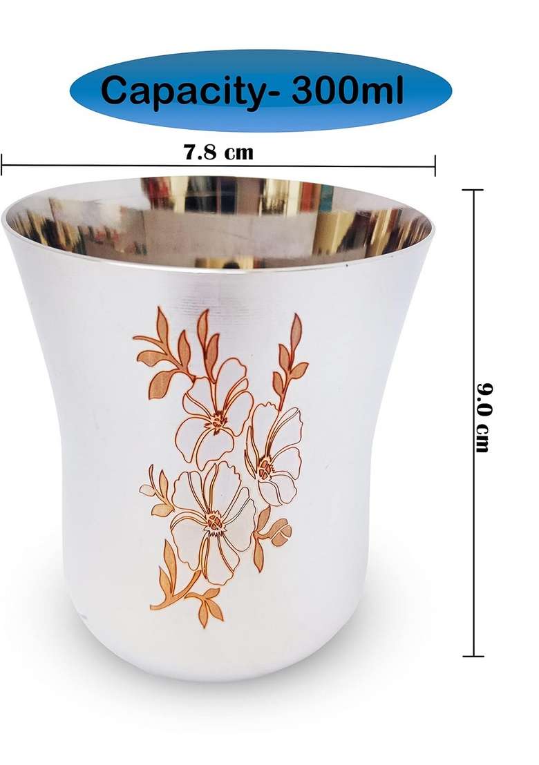 Super HK Stainless Steel Serving Drinking Glass Tumbler with Laser Floral Design | 300 ml | 10.1 fl oz - Indya