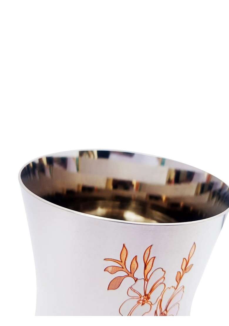Super HK Stainless Steel Serving Drinking Glass Tumbler with Laser Floral Design | 300 ml | 10.1 fl oz - Indya