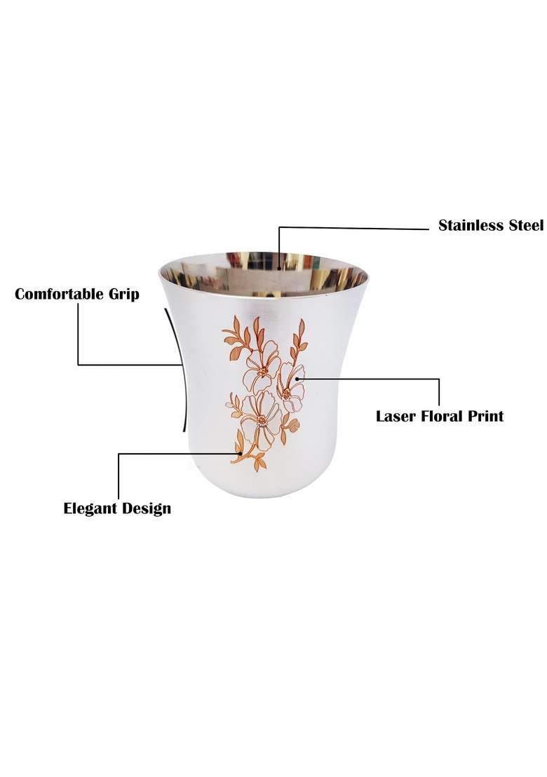 Super HK Stainless Steel Serving Drinking Glass Tumbler with Laser Floral Design | 300 ml | 10.1 fl oz - Indya