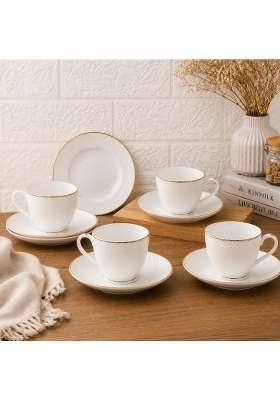 Femora Ceramic Gold Line Diamond Cut White Cup with Saucer Pcs Tea Coffee Cups | 200 ml | 6.8 fl oz | 6-Piece Set