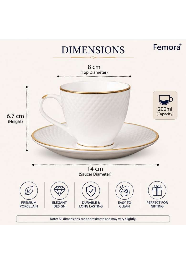 Femora Ceramic Gold Line Diamond Cut White Cup with Saucer Pcs Tea Coffee Cups | 200 ml | 6.8 fl oz | 6-Piece Set - Indya
