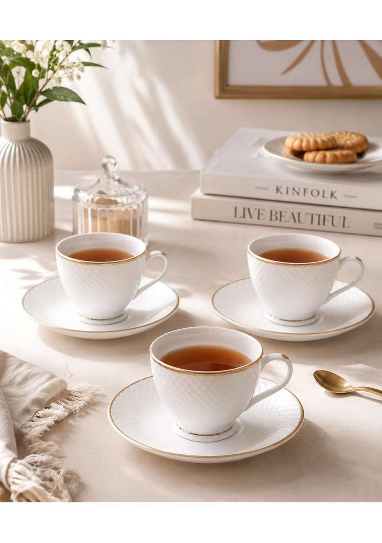 Femora Ceramic Gold Line Diamond Cut White Cup with Saucer Pcs Tea Coffee Cups | 200 ml | 6.8 fl oz | 6-Piece Set - Indya