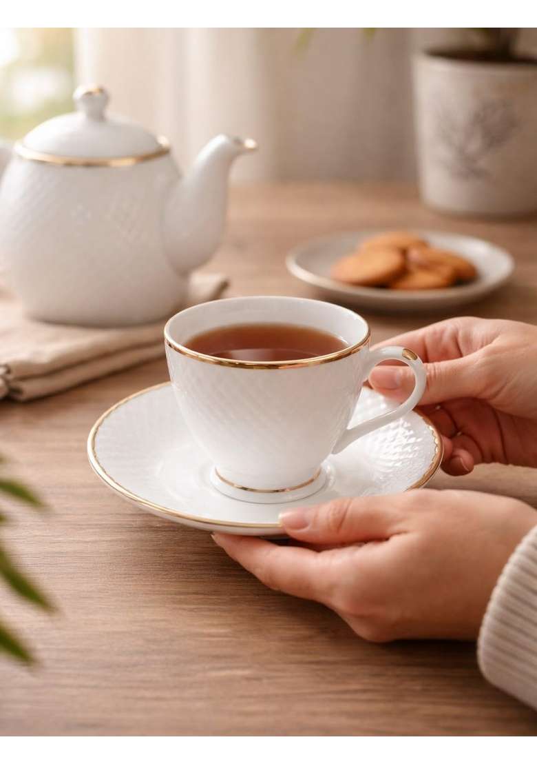 Femora Ceramic Gold Line Diamond Cut White Cup with Saucer Pcs Tea Coffee Cups | 200 ml | 6.8 fl oz | 6-Piece Set - Indya